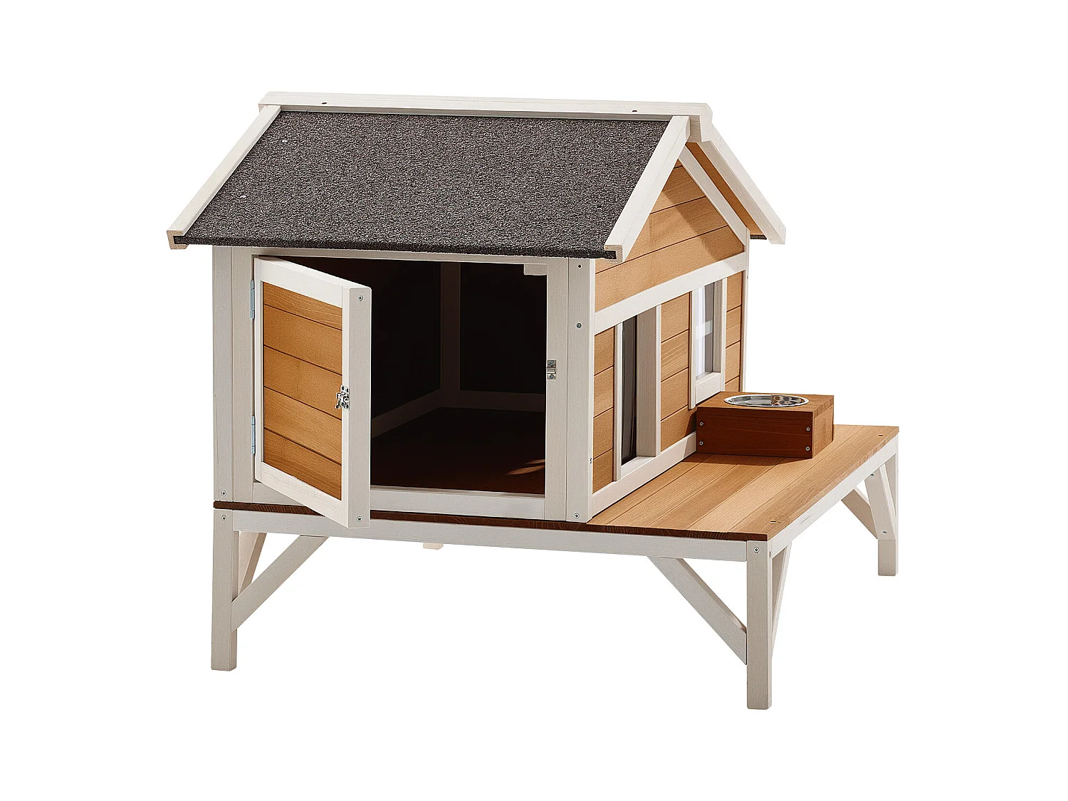 Erhöhtes Katzenhaus SucceBuy, 110,5x85,3x78,7 cm, Außen-Katzenhaus Isolierung aus Schaumstoff, Holzunterstand mit Großer Plattform, Asphaltdach