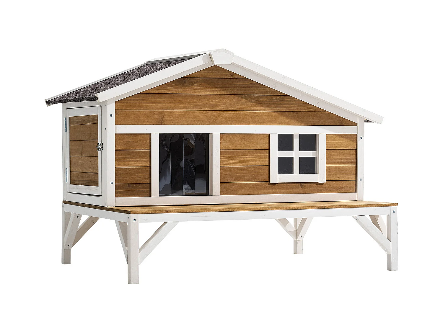 Erhöhtes Katzenhaus SucceBuy, 110,5x85,3x78,7 cm, Außen-Katzenhaus Isolierung aus Schaumstoff, Holzunterstand mit Großer Plattform, Asphaltdach