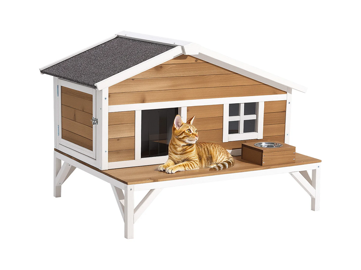 Erhöhtes Katzenhaus SucceBuy, 110,5x85,3x78,7 cm, Außen-Katzenhaus Isolierung aus Schaumstoff, Holzunterstand mit Großer Plattform, Asphaltdach