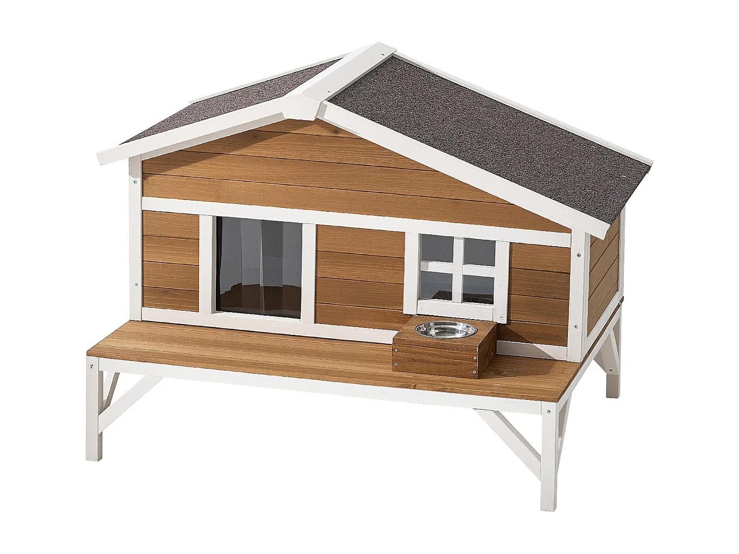 Maison Chat Surélevée SucceBuy, 110,5x85,3x78,7 cm, Niche Chat Extérieur Isolation en Mousse, Abri en Bois avec Grande Plateforme, Toit en Asphalte