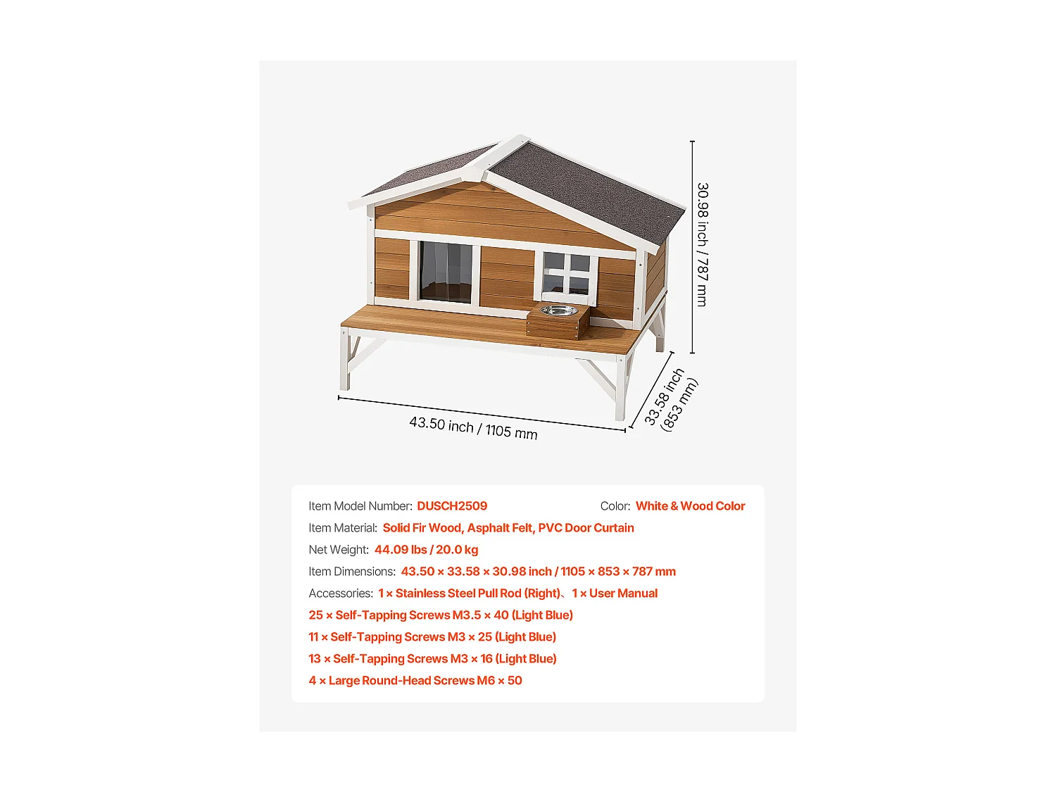 Maison Chat Surélevée SucceBuy, 110,5x85,3x78,7 cm, Niche Chat Extérieur Isolation en Mousse, Abri en Bois avec Grande Plateforme, Toit en Asphalte