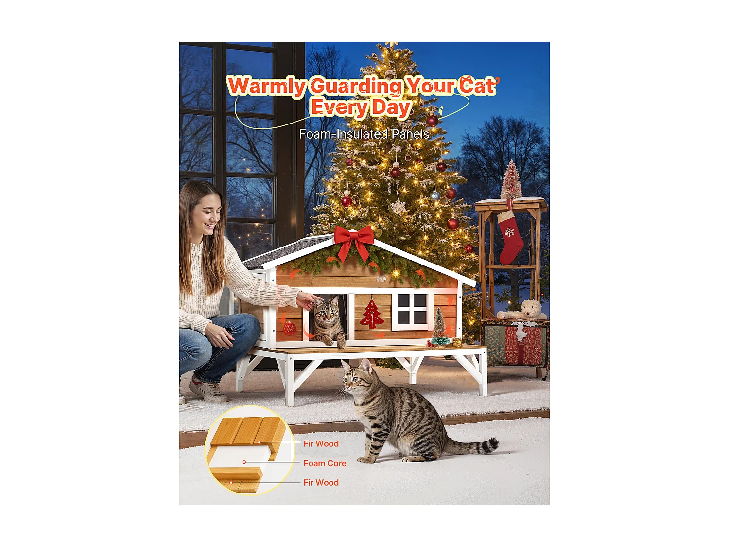 Maison Chat Surélevée SucceBuy, 110,5x85,3x78,7 cm, Niche Chat Extérieur Isolation en Mousse, Abri en Bois avec Grande Plateforme, Toit en Asphalte