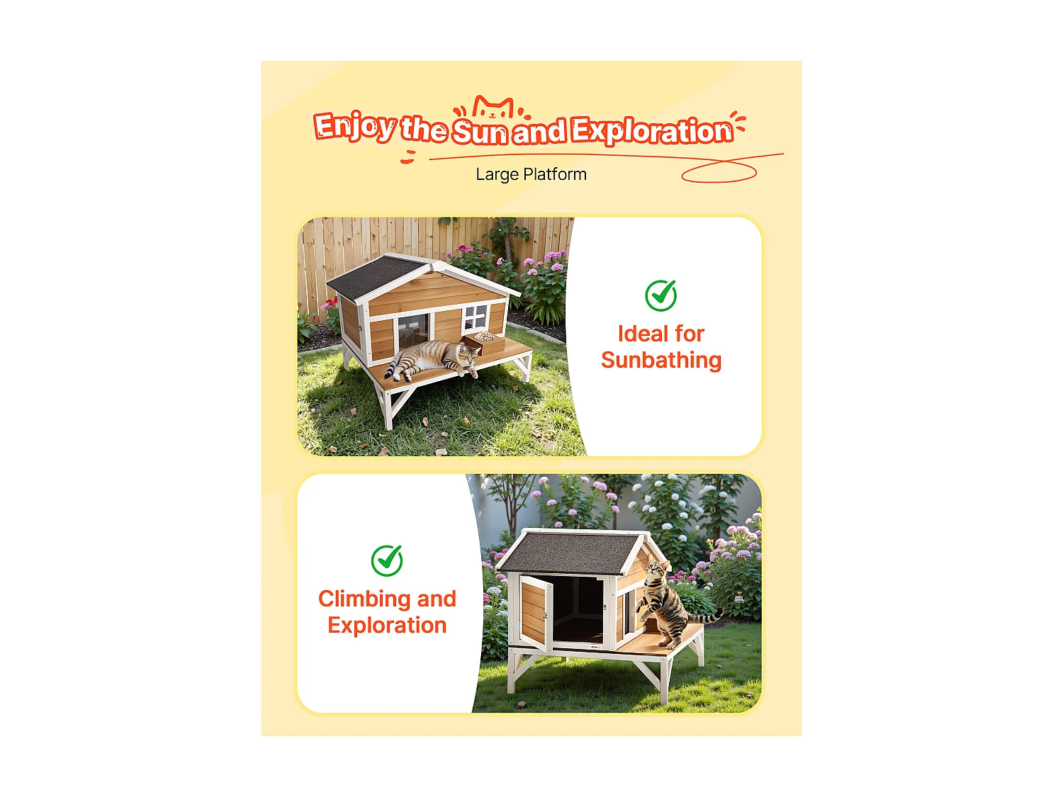 Maison Chat Surélevée SucceBuy, 110,5x85,3x78,7 cm, Niche Chat Extérieur Isolation en Mousse, Abri en Bois avec Grande Plateforme, Toit en Asphalte