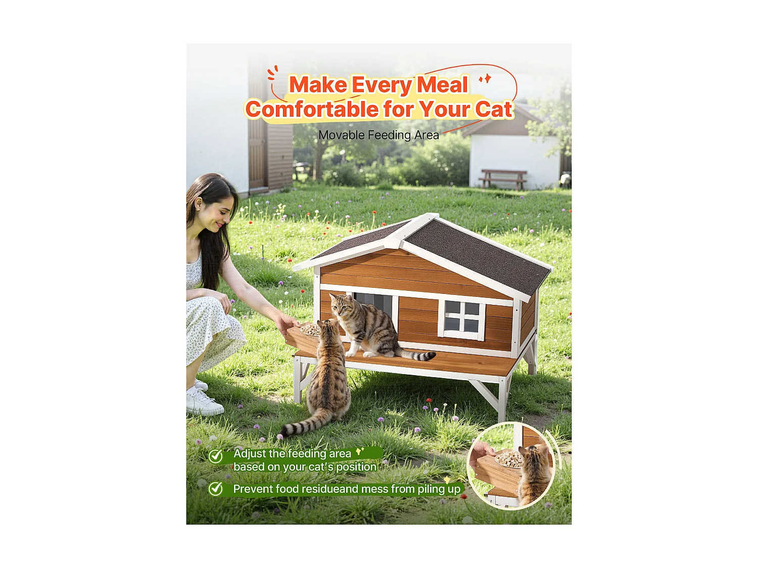 Maison Chat Surélevée SucceBuy, 110,5x85,3x78,7 cm, Niche Chat Extérieur Isolation en Mousse, Abri en Bois avec Grande Plateforme, Toit en Asphalte