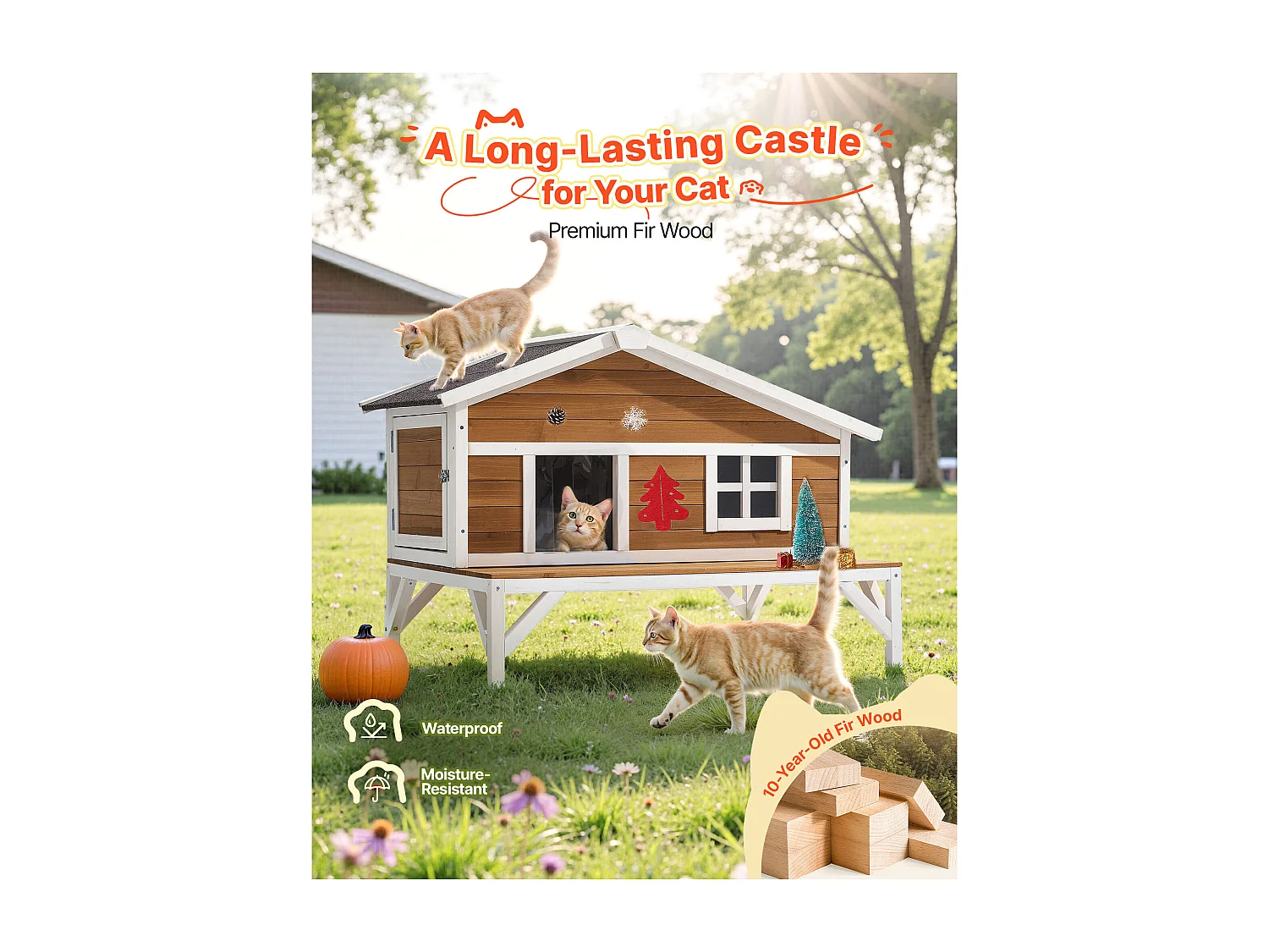 Maison Chat Surélevée SucceBuy, 110,5x85,3x78,7 cm, Niche Chat Extérieur Isolation en Mousse, Abri en Bois avec Grande Plateforme, Toit en Asphalte