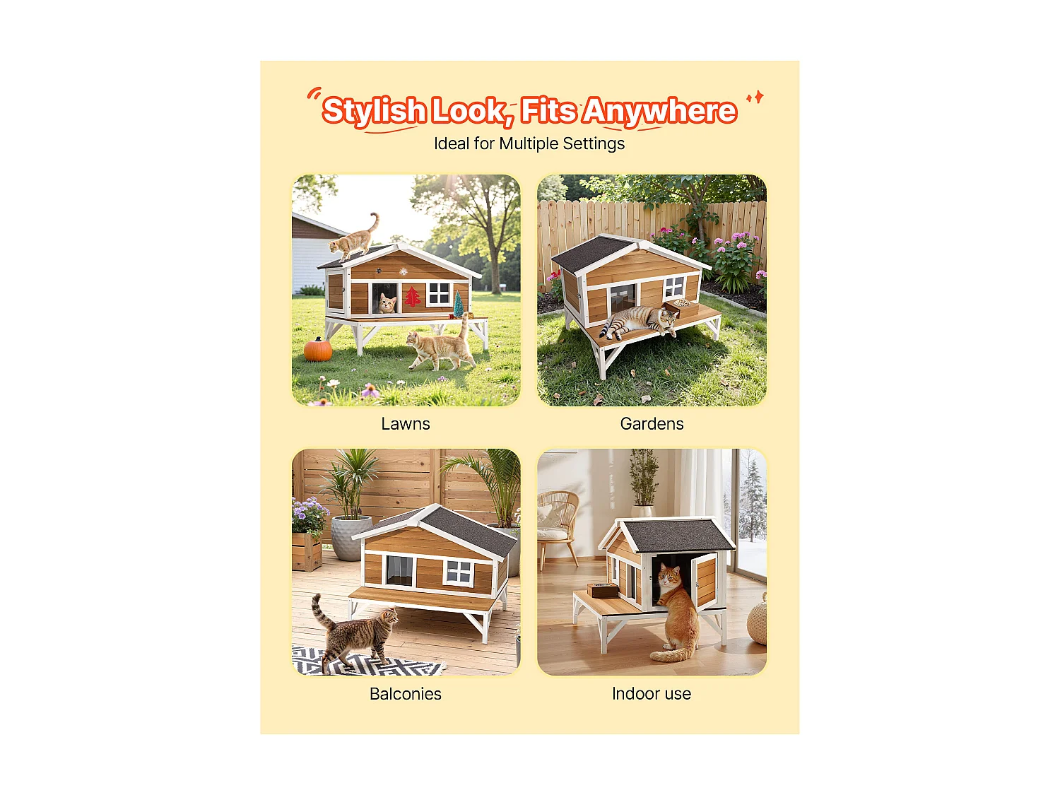 Maison Chat Surélevée SucceBuy, 110,5x85,3x78,7 cm, Niche Chat Extérieur Isolation en Mousse, Abri en Bois avec Grande Plateforme, Toit en Asphalte