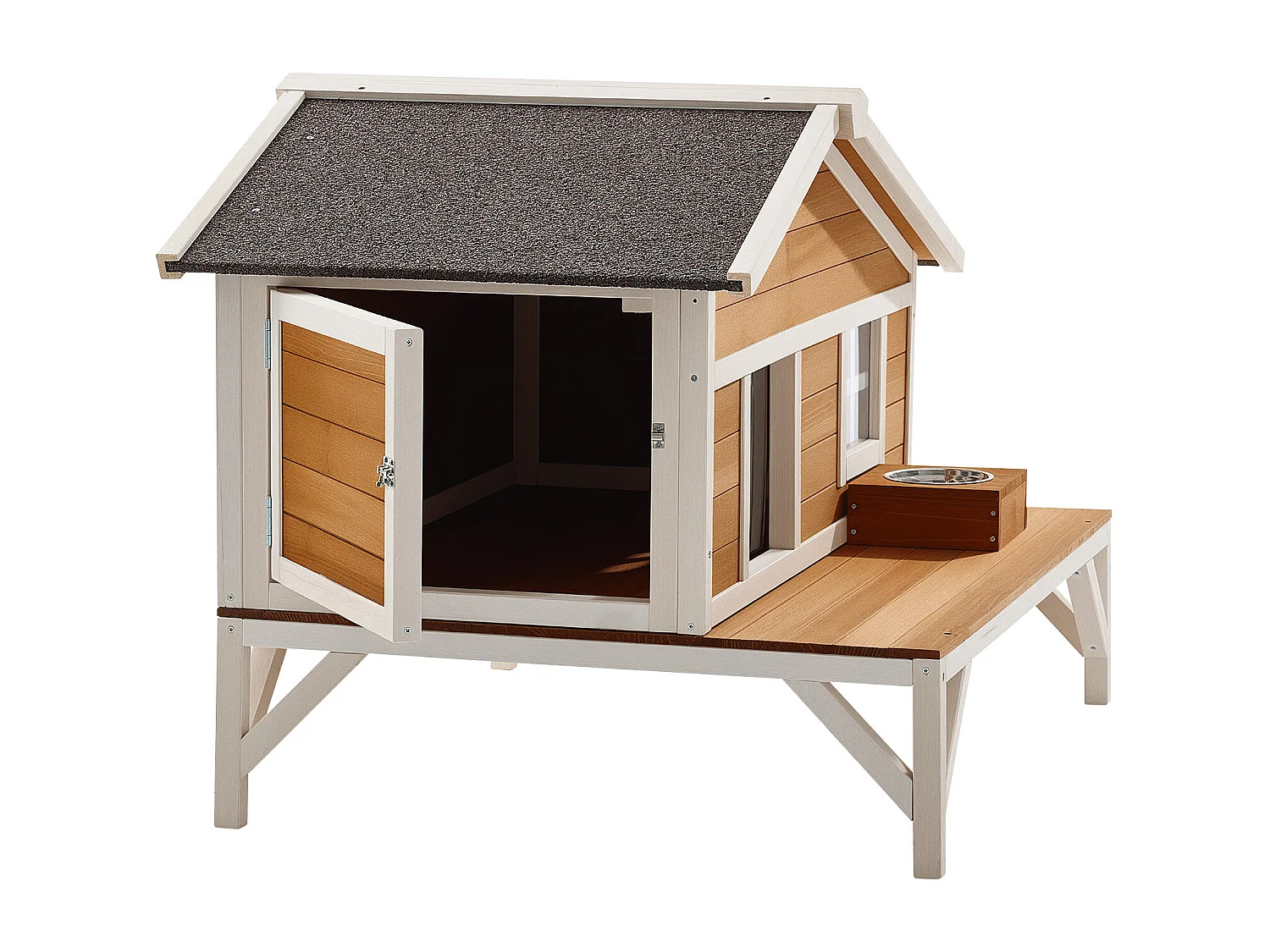 Maison Chat Surélevée SucceBuy, 110,5x85,3x78,7 cm, Niche Chat Extérieur Isolation en Mousse, Abri en Bois avec Grande Plateforme, Toit en Asphalte