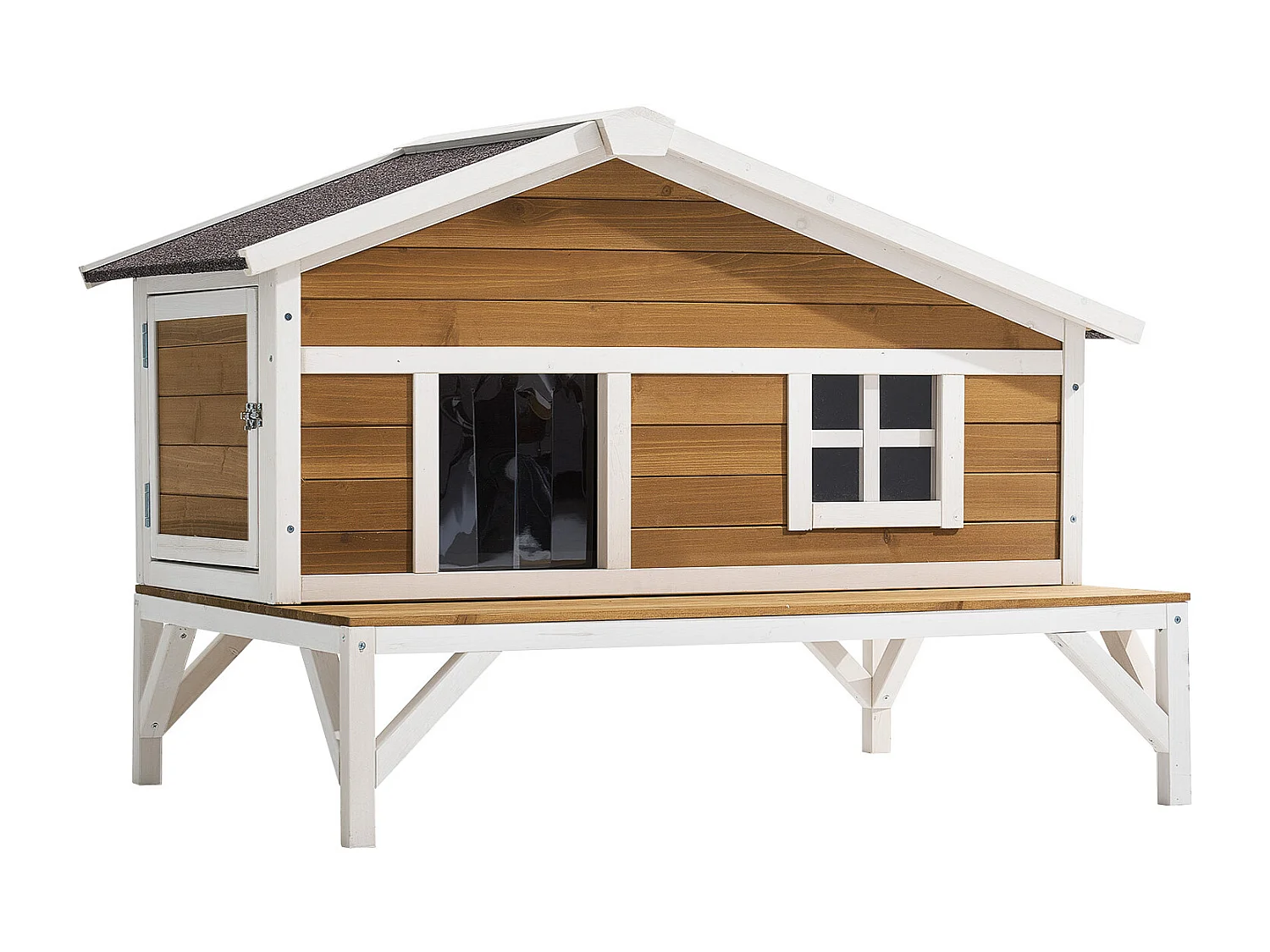 Maison Chat Surélevée SucceBuy, 110,5x85,3x78,7 cm, Niche Chat Extérieur Isolation en Mousse, Abri en Bois avec Grande Plateforme, Toit en Asphalte