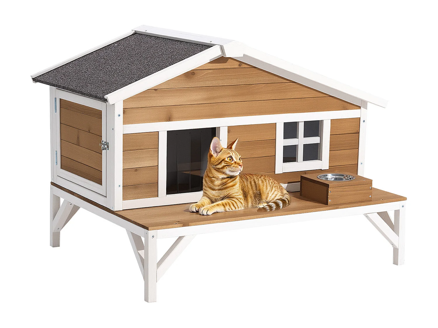 Maison Chat Surélevée SucceBuy, 110,5x85,3x78,7 cm, Niche Chat Extérieur Isolation en Mousse, Abri en Bois avec Grande Plateforme, Toit en Asphalte