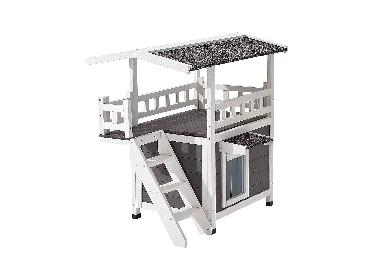 Podniesiony Dom dla Kota SucceBuy, 76,2 x 56,3 x 77,4 cm, Zewnętrzna Budka dla Kota 2 Poziomy, Schronienie Drewniane ze Schodami, Przestronne Pomieszczenie