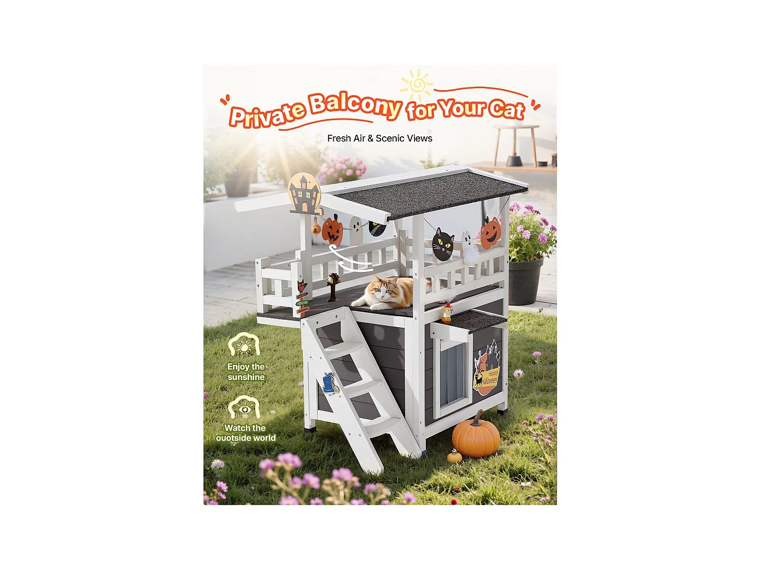 Podniesiony Dom dla Kota SucceBuy, 76,2 x 56,3 x 77,4 cm, Zewnętrzna Budka dla Kota 2 Poziomy, Schronienie Drewniane ze Schodami, Przestronne Pomieszczenie