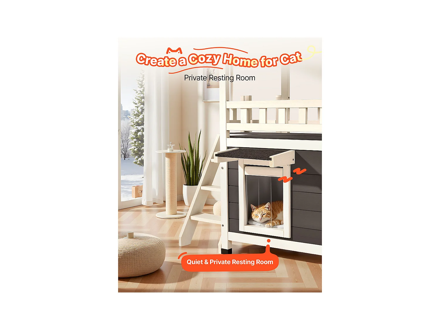 Podniesiony Dom dla Kota SucceBuy, 76,2 x 56,3 x 77,4 cm, Zewnętrzna Budka dla Kota 2 Poziomy, Schronienie Drewniane ze Schodami, Przestronne Pomieszczenie