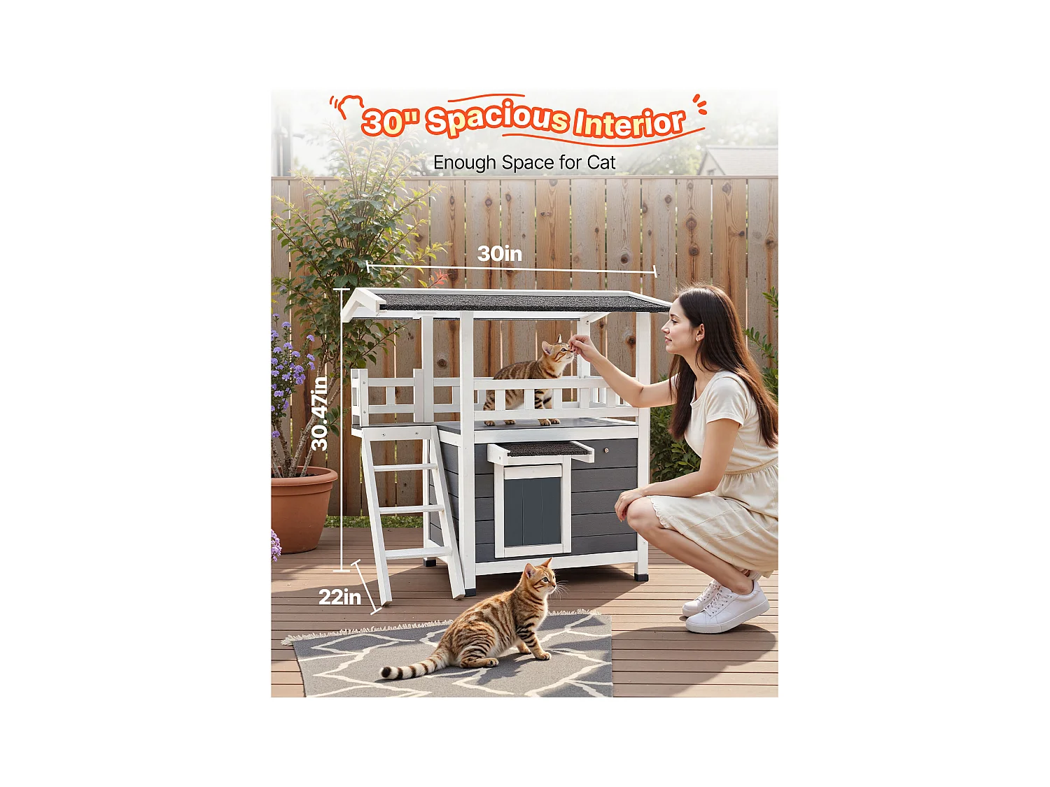 Podniesiony Dom dla Kota SucceBuy, 76,2 x 56,3 x 77,4 cm, Zewnętrzna Budka dla Kota 2 Poziomy, Schronienie Drewniane ze Schodami, Przestronne Pomieszczenie