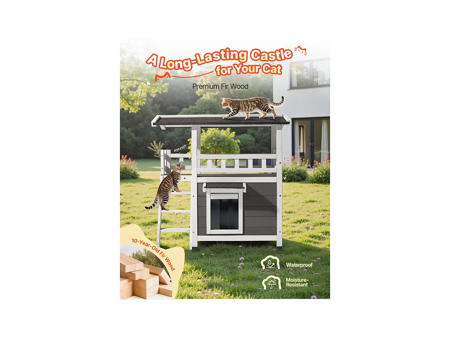 Podniesiony Dom dla Kota SucceBuy, 76,2 x 56,3 x 77,4 cm, Zewnętrzna Budka dla Kota 2 Poziomy, Schronienie Drewniane ze Schodami, Przestronne Pomieszczenie