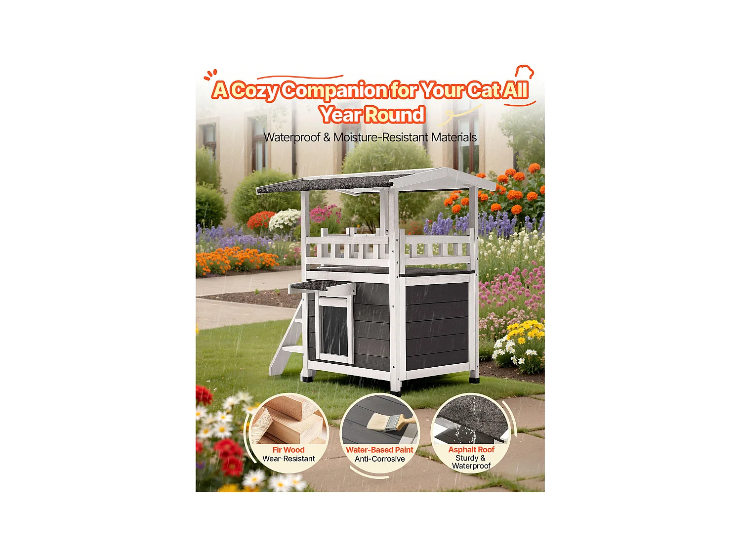 Podniesiony Dom dla Kota SucceBuy, 76,2 x 56,3 x 77,4 cm, Zewnętrzna Budka dla Kota 2 Poziomy, Schronienie Drewniane ze Schodami, Przestronne Pomieszczenie