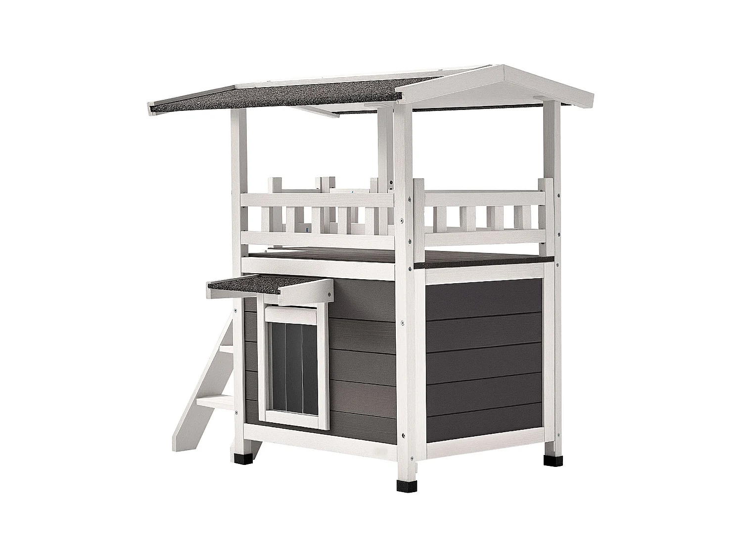 Podniesiony Dom dla Kota SucceBuy, 76,2 x 56,3 x 77,4 cm, Zewnętrzna Budka dla Kota 2 Poziomy, Schronienie Drewniane ze Schodami, Przestronne Pomieszczenie