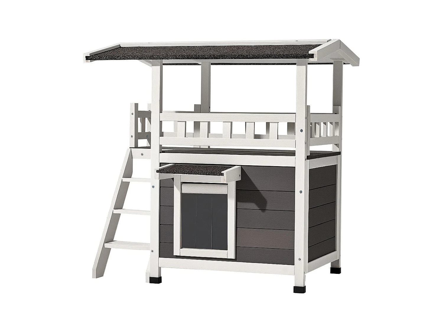 Podniesiony Dom dla Kota SucceBuy, 76,2 x 56,3 x 77,4 cm, Zewnętrzna Budka dla Kota 2 Poziomy, Schronienie Drewniane ze Schodami, Przestronne Pomieszczenie