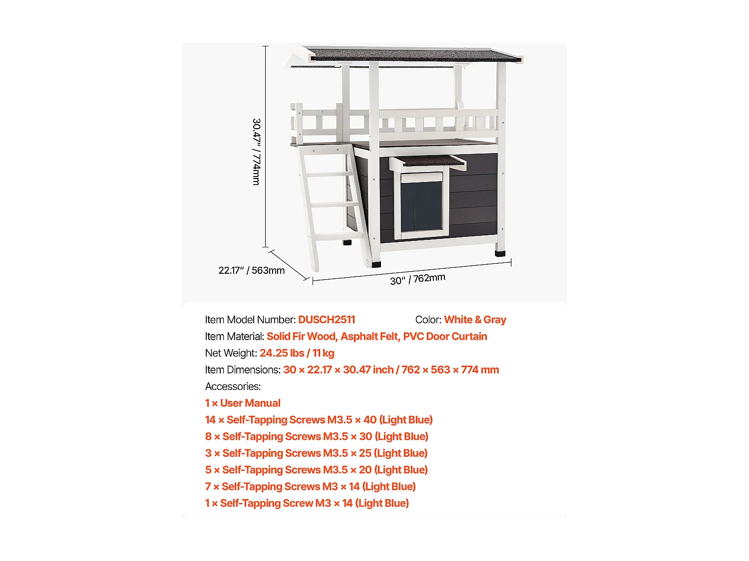 Verhoogd Kattenhuis SucceBuy, 76,2 x 56,3 x 77,4 cm, Buiten Kattenhuis 2 Verdiepingen, Houten Schuilplaats met Trappen, Ruimte Kamer, Asfaltdak