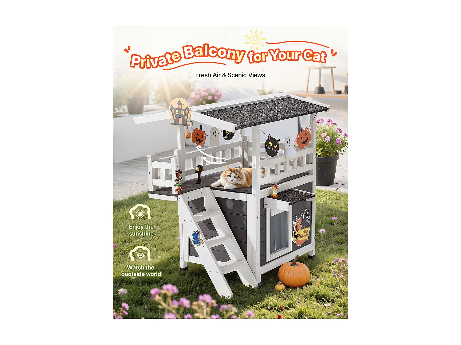 Verhoogd Kattenhuis SucceBuy, 76,2 x 56,3 x 77,4 cm, Buiten Kattenhuis 2 Verdiepingen, Houten Schuilplaats met Trappen, Ruimte Kamer, Asfaltdak