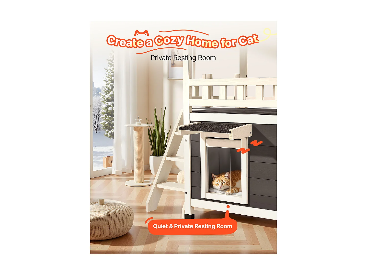 Verhoogd Kattenhuis SucceBuy, 76,2 x 56,3 x 77,4 cm, Buiten Kattenhuis 2 Verdiepingen, Houten Schuilplaats met Trappen, Ruimte Kamer, Asfaltdak