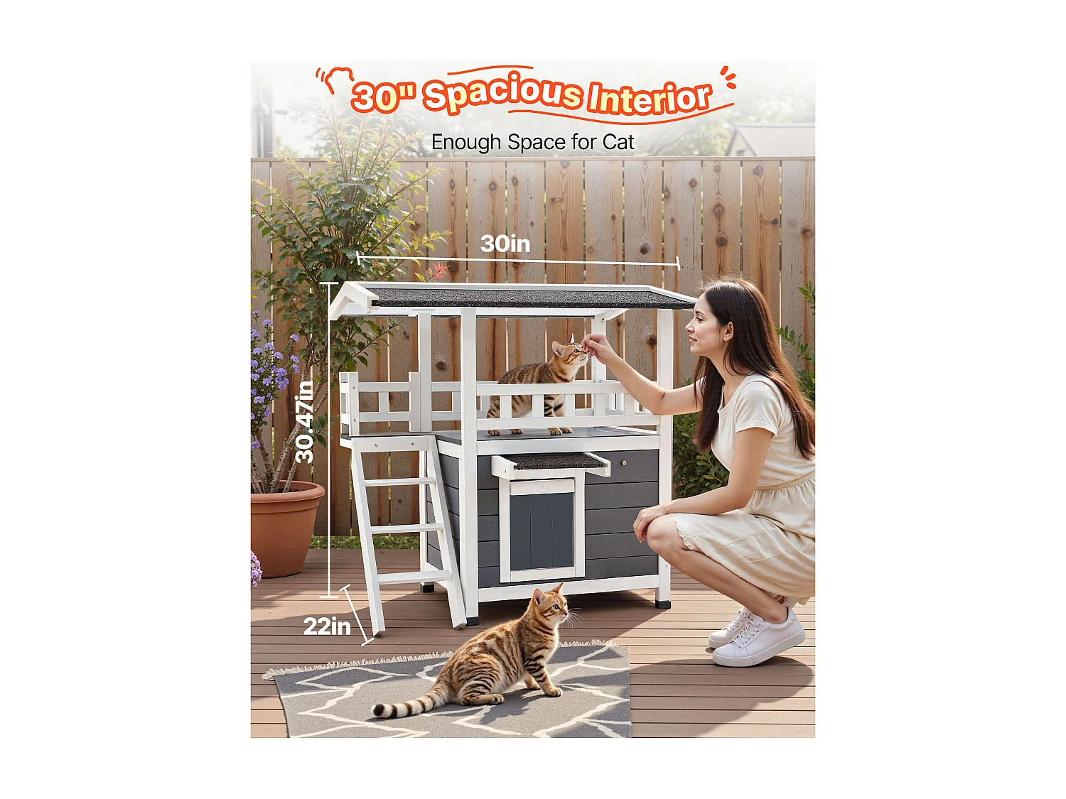 Verhoogd Kattenhuis SucceBuy, 76,2 x 56,3 x 77,4 cm, Buiten Kattenhuis 2 Verdiepingen, Houten Schuilplaats met Trappen, Ruimte Kamer, Asfaltdak