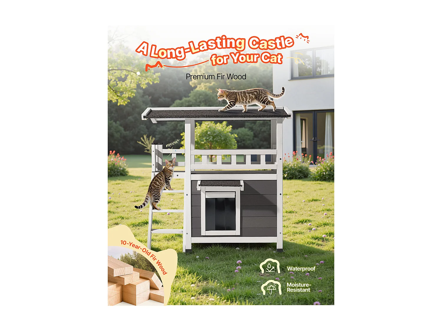 Verhoogd Kattenhuis SucceBuy, 76,2 x 56,3 x 77,4 cm, Buiten Kattenhuis 2 Verdiepingen, Houten Schuilplaats met Trappen, Ruimte Kamer, Asfaltdak
