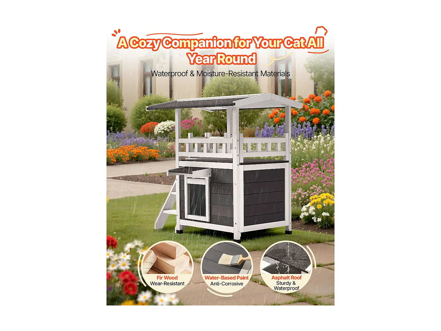 Verhoogd Kattenhuis SucceBuy, 76,2 x 56,3 x 77,4 cm, Buiten Kattenhuis 2 Verdiepingen, Houten Schuilplaats met Trappen, Ruimte Kamer, Asfaltdak
