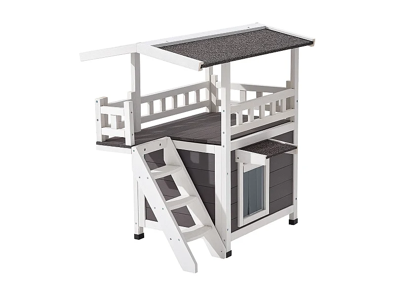 Verhoogd Kattenhuis SucceBuy, 76,2 x 56,3 x 77,4 cm, Buiten Kattenhuis 2 Verdiepingen, Houten Schuilplaats met Trappen, Ruimte Kamer, Asfaltdak