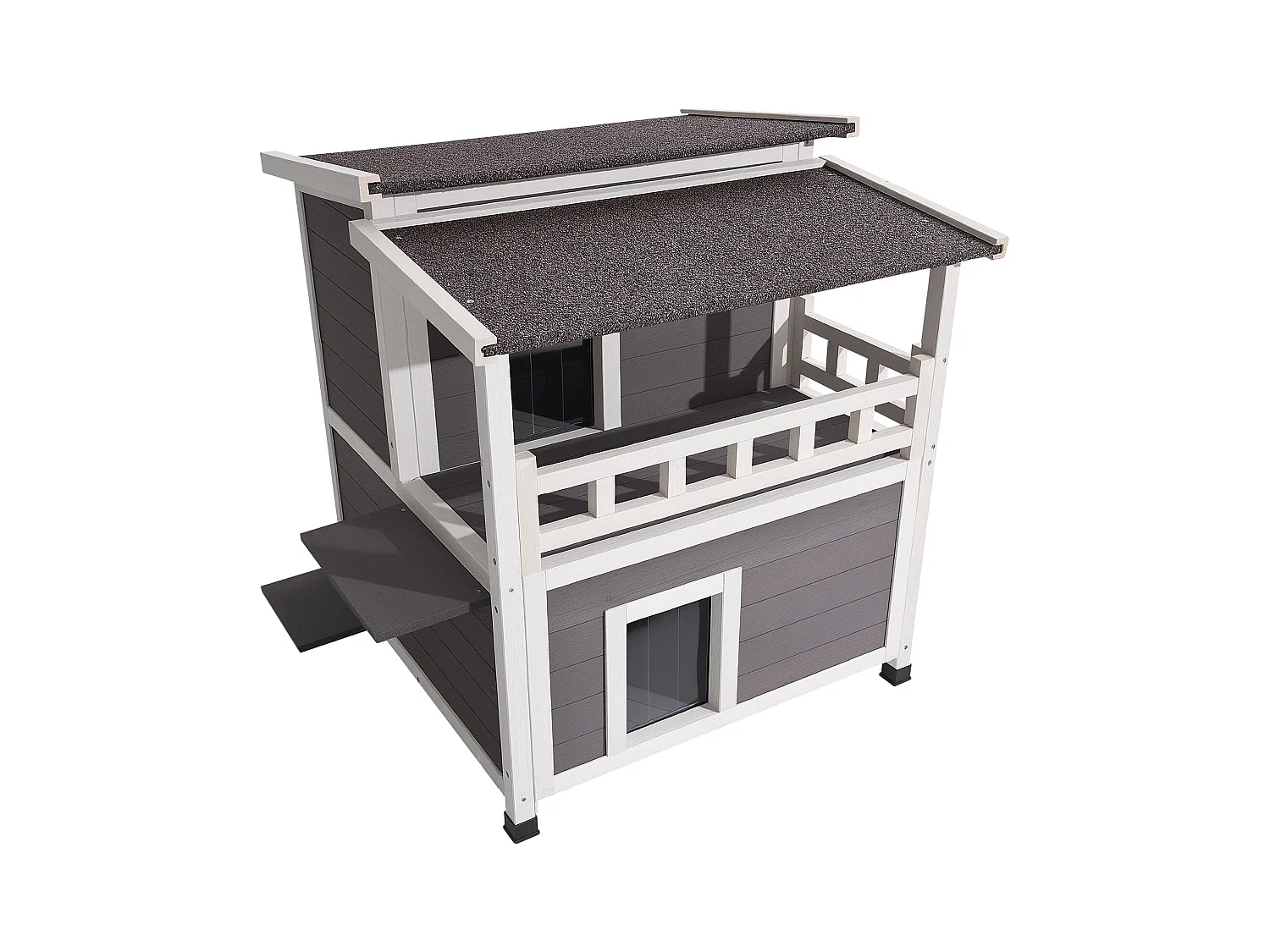 Erhöhtes Katzenhaus SucceBuy, 84 x 75 x 82 cm, Außen-Katzenhaus Isolierung aus Schaumstoff, Holzunterstand 2 Etagen, mit Balkon, für 1-3 Wildkatzen