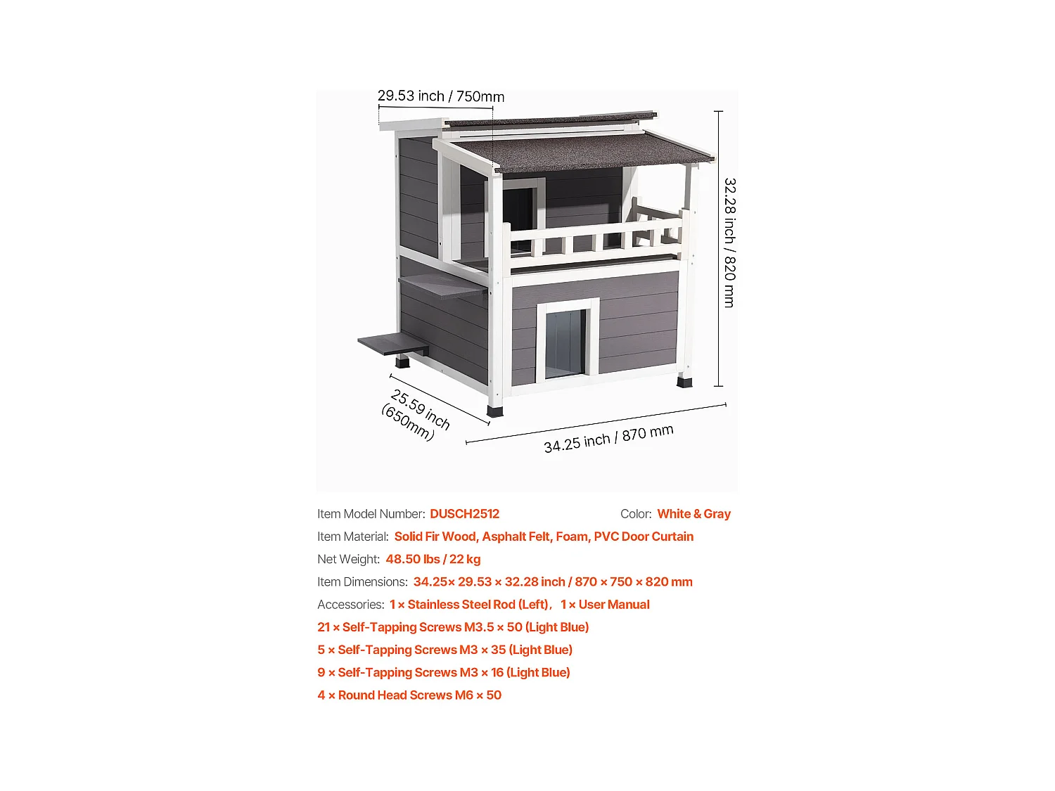 Erhöhtes Katzenhaus SucceBuy, 84 x 75 x 82 cm, Außen-Katzenhaus Isolierung aus Schaumstoff, Holzunterstand 2 Etagen, mit Balkon, für 1-3 Wildkatzen