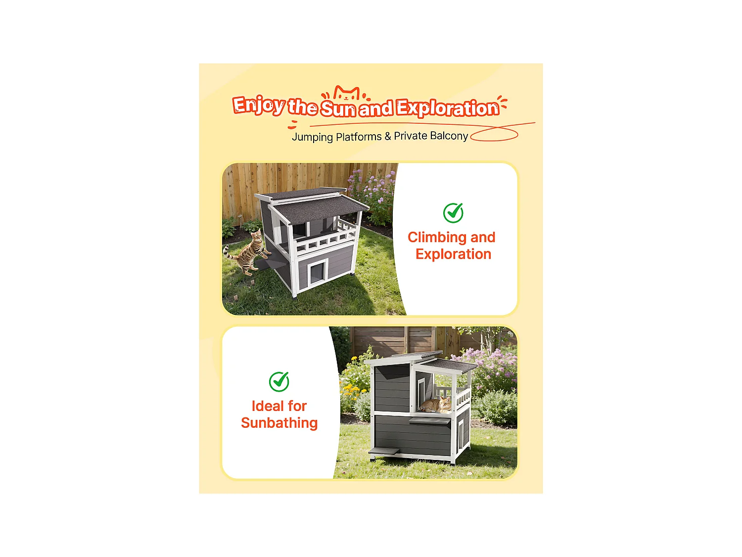 Erhöhtes Katzenhaus SucceBuy, 84 x 75 x 82 cm, Außen-Katzenhaus Isolierung aus Schaumstoff, Holzunterstand 2 Etagen, mit Balkon, für 1-3 Wildkatzen