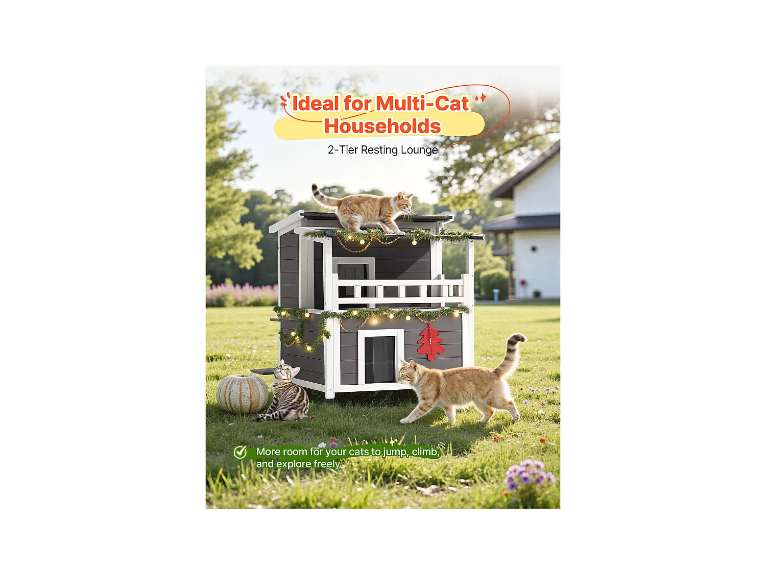 Erhöhtes Katzenhaus SucceBuy, 84 x 75 x 82 cm, Außen-Katzenhaus Isolierung aus Schaumstoff, Holzunterstand 2 Etagen, mit Balkon, für 1-3 Wildkatzen