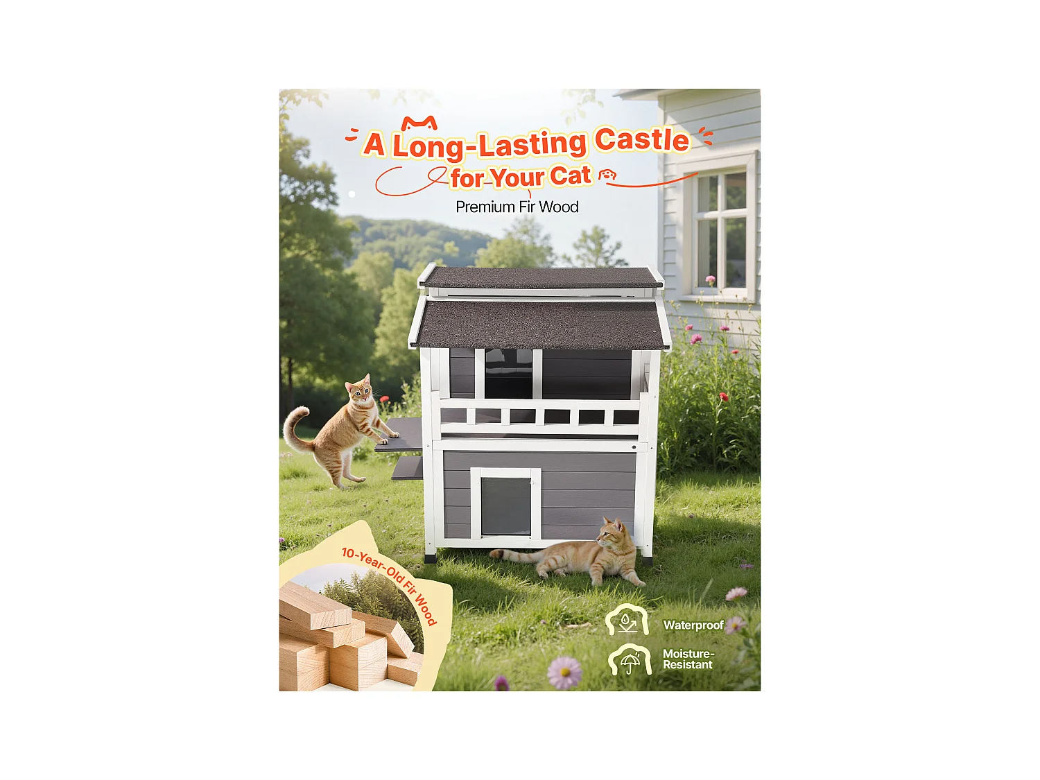 Erhöhtes Katzenhaus SucceBuy, 84 x 75 x 82 cm, Außen-Katzenhaus Isolierung aus Schaumstoff, Holzunterstand 2 Etagen, mit Balkon, für 1-3 Wildkatzen