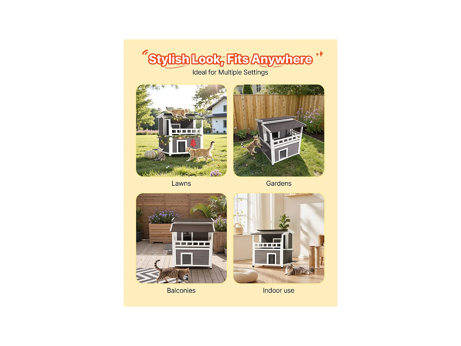 Erhöhtes Katzenhaus SucceBuy, 84 x 75 x 82 cm, Außen-Katzenhaus Isolierung aus Schaumstoff, Holzunterstand 2 Etagen, mit Balkon, für 1-3 Wildkatzen