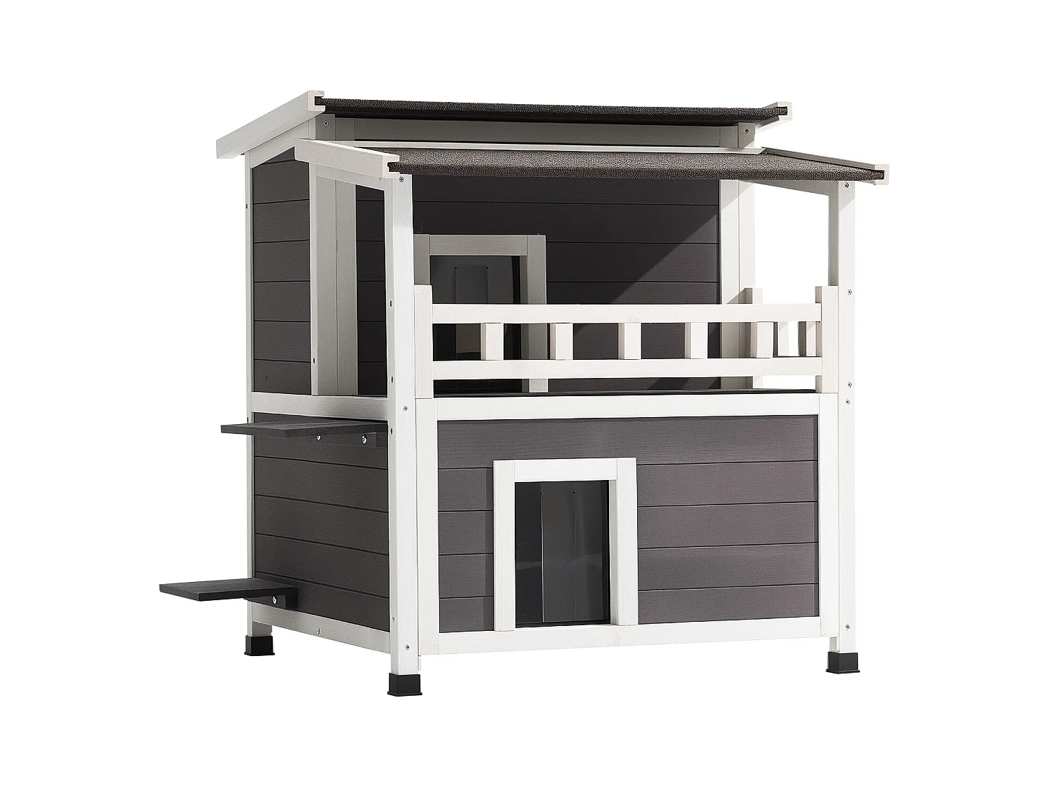 Erhöhtes Katzenhaus SucceBuy, 84 x 75 x 82 cm, Außen-Katzenhaus Isolierung aus Schaumstoff, Holzunterstand 2 Etagen, mit Balkon, für 1-3 Wildkatzen