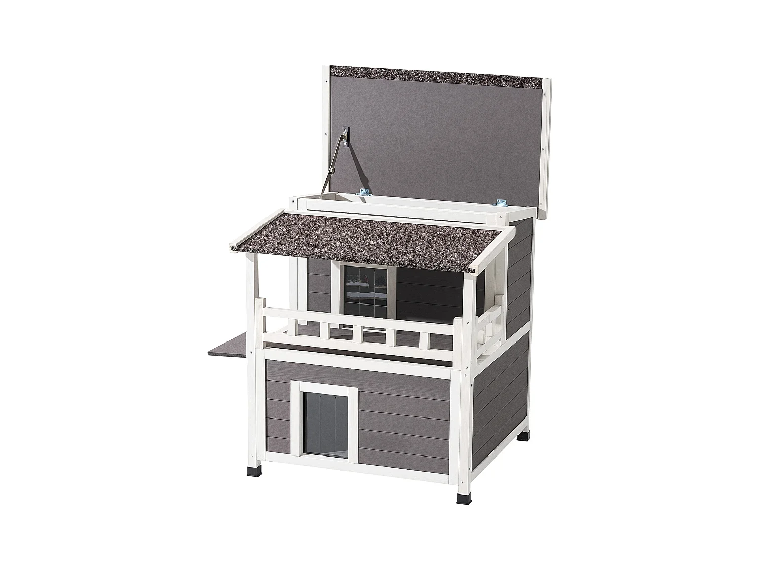 Erhöhtes Katzenhaus SucceBuy, 84 x 75 x 82 cm, Außen-Katzenhaus Isolierung aus Schaumstoff, Holzunterstand 2 Etagen, mit Balkon, für 1-3 Wildkatzen