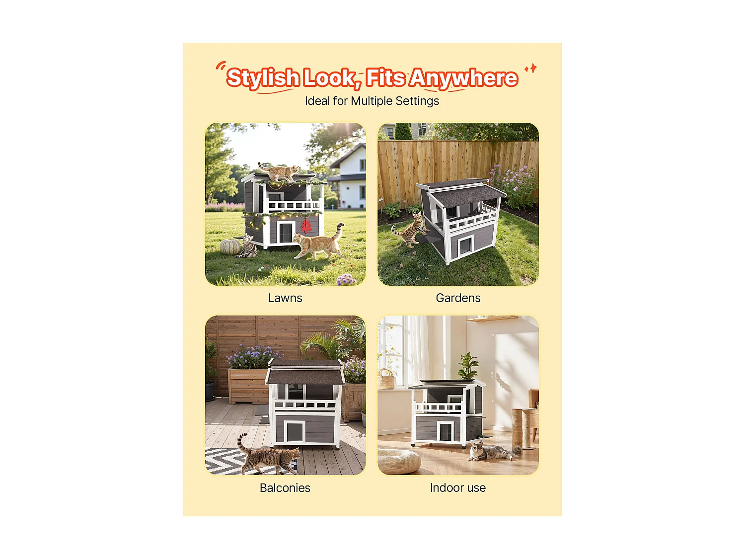 Casa de Gato Elevada SucceBuy, 84 x 75 x 82 cm, Nicho para Gato Externo Isolamento em Espuma, Abrigo de Madeira 2 Andares,  para 1-3 Gatos Selvagens