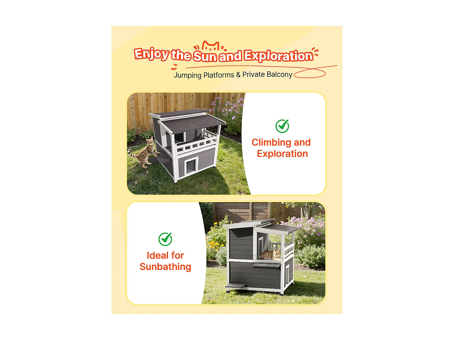 Casa de Gato Elevada SucceBuy, 84 x 75 x 82 cm, Nicho para Gato Externo Isolamento em Espuma, Abrigo de Madeira 2 Andares,  para 1-3 Gatos Selvagens