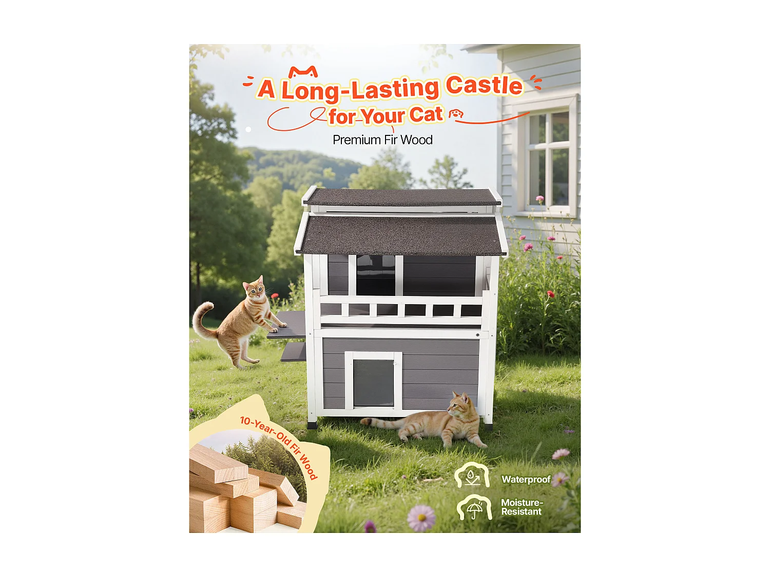 Casa de Gato Elevada SucceBuy, 84 x 75 x 82 cm, Nicho para Gato Externo Isolamento em Espuma, Abrigo de Madeira 2 Andares,  para 1-3 Gatos Selvagens