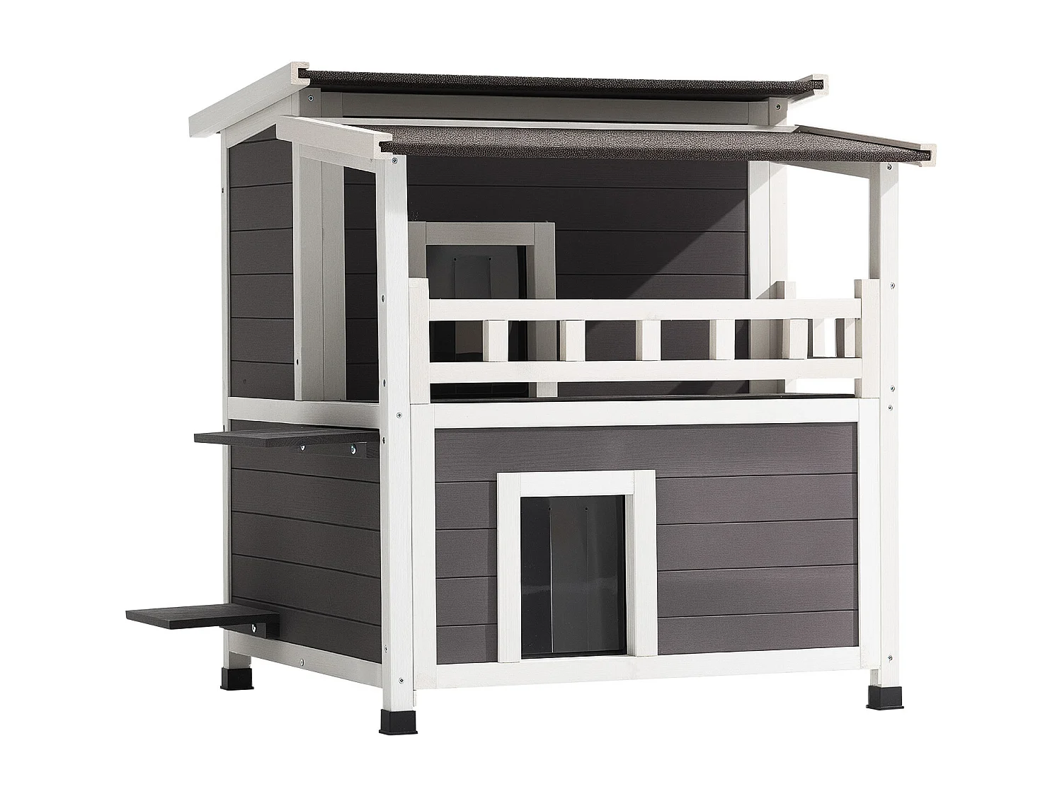 Casa de Gato Elevada SucceBuy, 84 x 75 x 82 cm, Nicho para Gato Externo Isolamento em Espuma, Abrigo de Madeira 2 Andares,  para 1-3 Gatos Selvagens