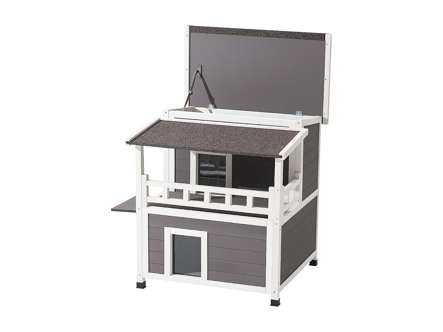 Casa de Gato Elevada SucceBuy, 84 x 75 x 82 cm, Nicho para Gato Externo Isolamento em Espuma, Abrigo de Madeira 2 Andares,  para 1-3 Gatos Selvagens