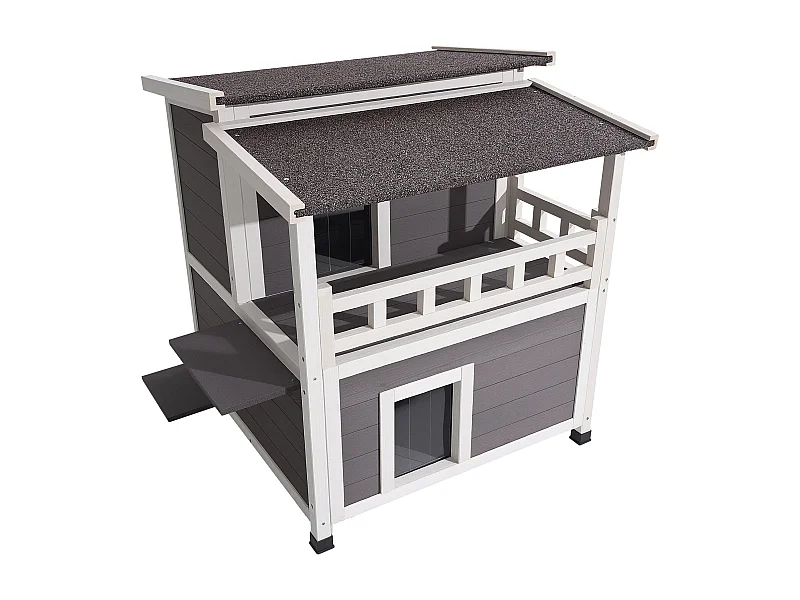 Verhoogd Kattenhuis SucceBuy, 84 x 75 x 82 cm, Buiten Kattenhuis Isolatie met Schuim, Houten Schuilplaats 2 Verdiepingen, met Balkon, voor 1-3 Wilde Katten