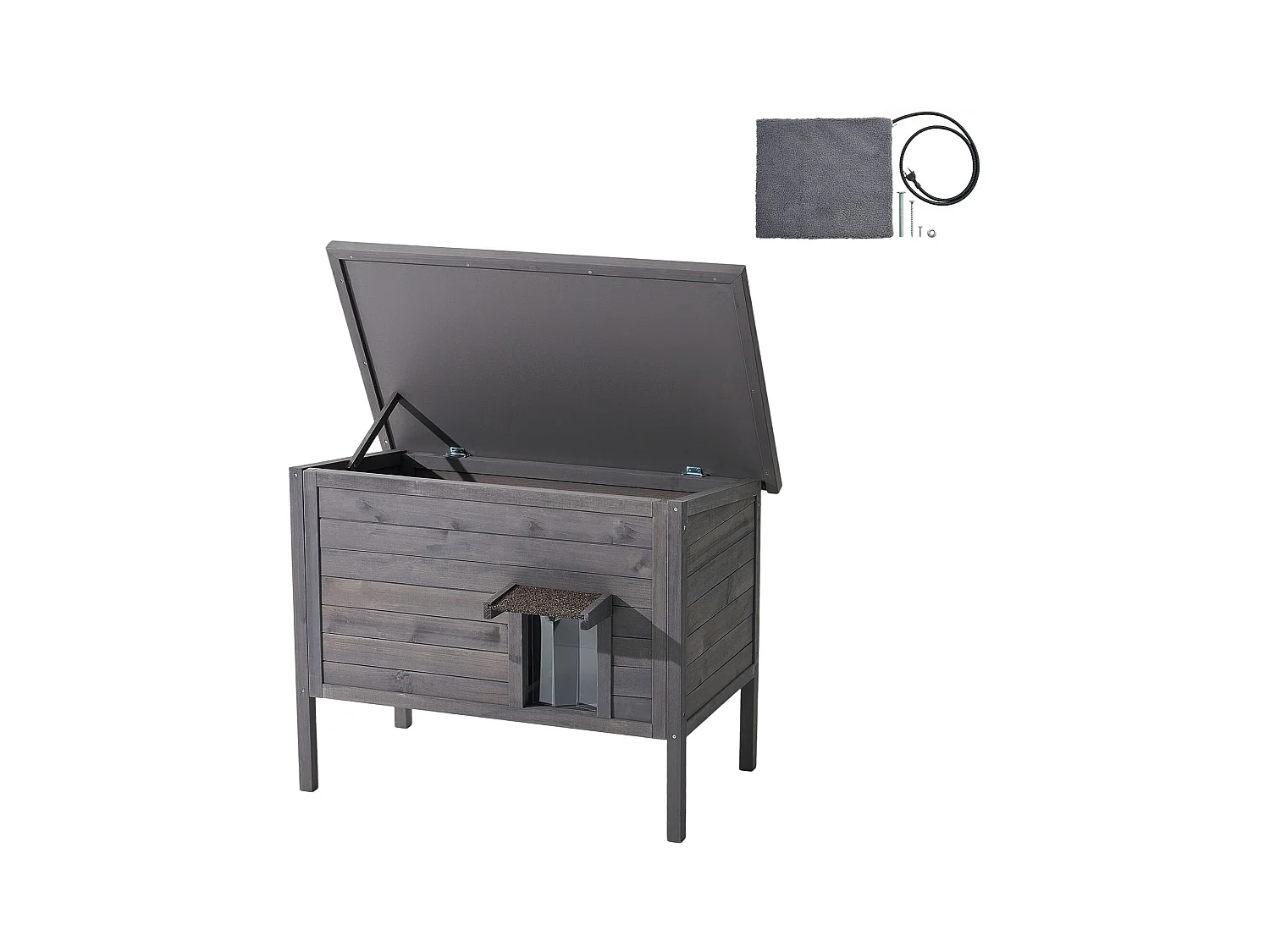 Erhöhtes Beheizbares Katzenhaus SucceBuy, 87x53,5x69 cm, Außen-Katzenhaus mit Heizkissen, Holzunterstand mit Klapptür, Asphaltdach