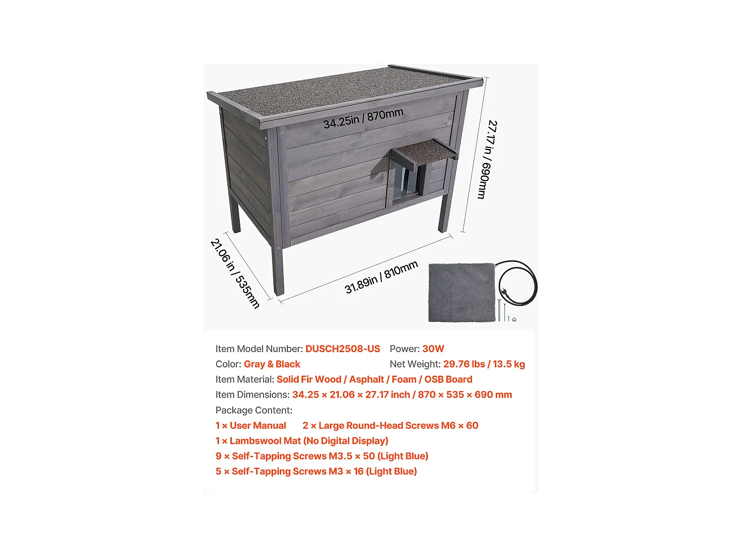 Erhöhtes Beheizbares Katzenhaus SucceBuy, 87x53,5x69 cm, Außen-Katzenhaus mit Heizkissen, Holzunterstand mit Klapptür, Asphaltdach