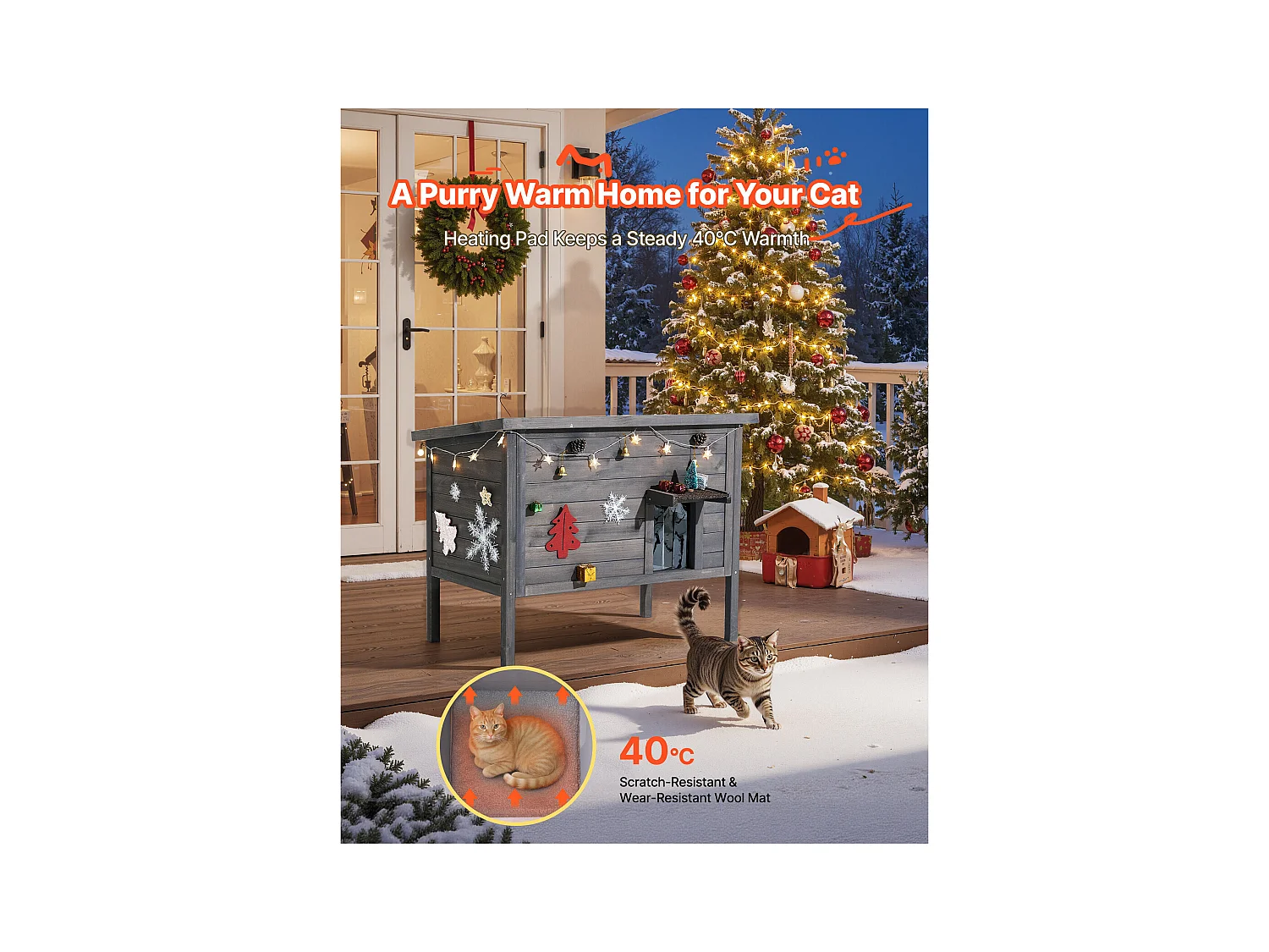 Erhöhtes Beheizbares Katzenhaus SucceBuy, 87x53,5x69 cm, Außen-Katzenhaus mit Heizkissen, Holzunterstand mit Klapptür, Asphaltdach