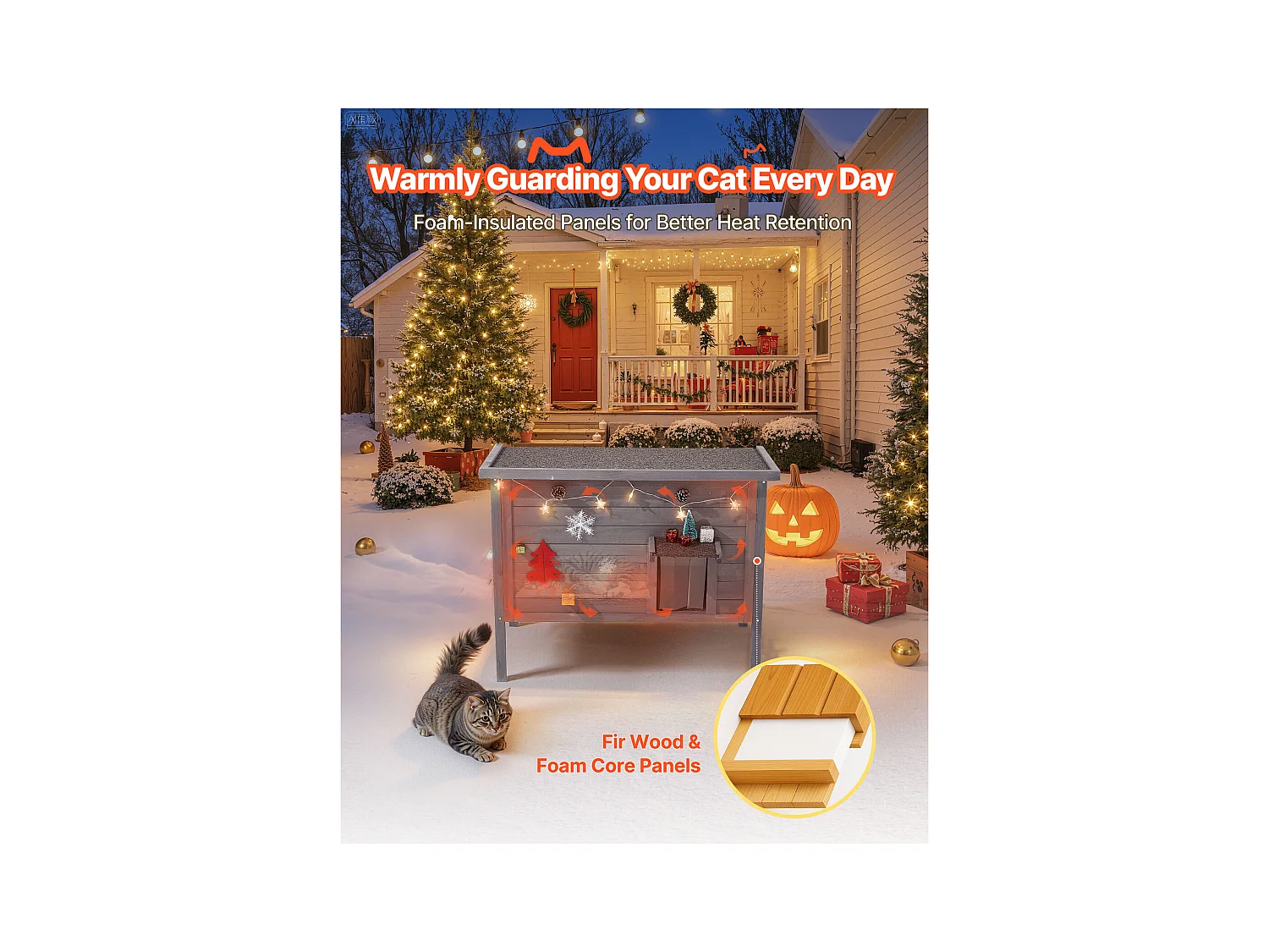 Erhöhtes Beheizbares Katzenhaus SucceBuy, 87x53,5x69 cm, Außen-Katzenhaus mit Heizkissen, Holzunterstand mit Klapptür, Asphaltdach