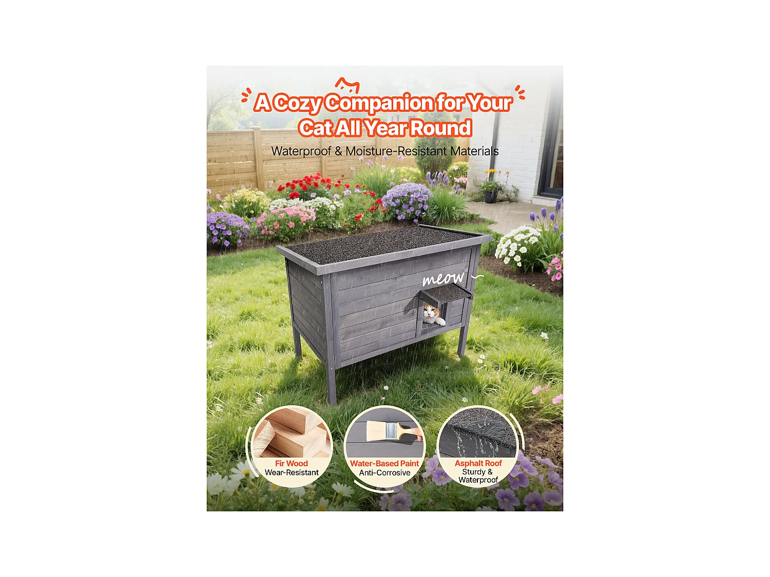 Erhöhtes Beheizbares Katzenhaus SucceBuy, 87x53,5x69 cm, Außen-Katzenhaus mit Heizkissen, Holzunterstand mit Klapptür, Asphaltdach
