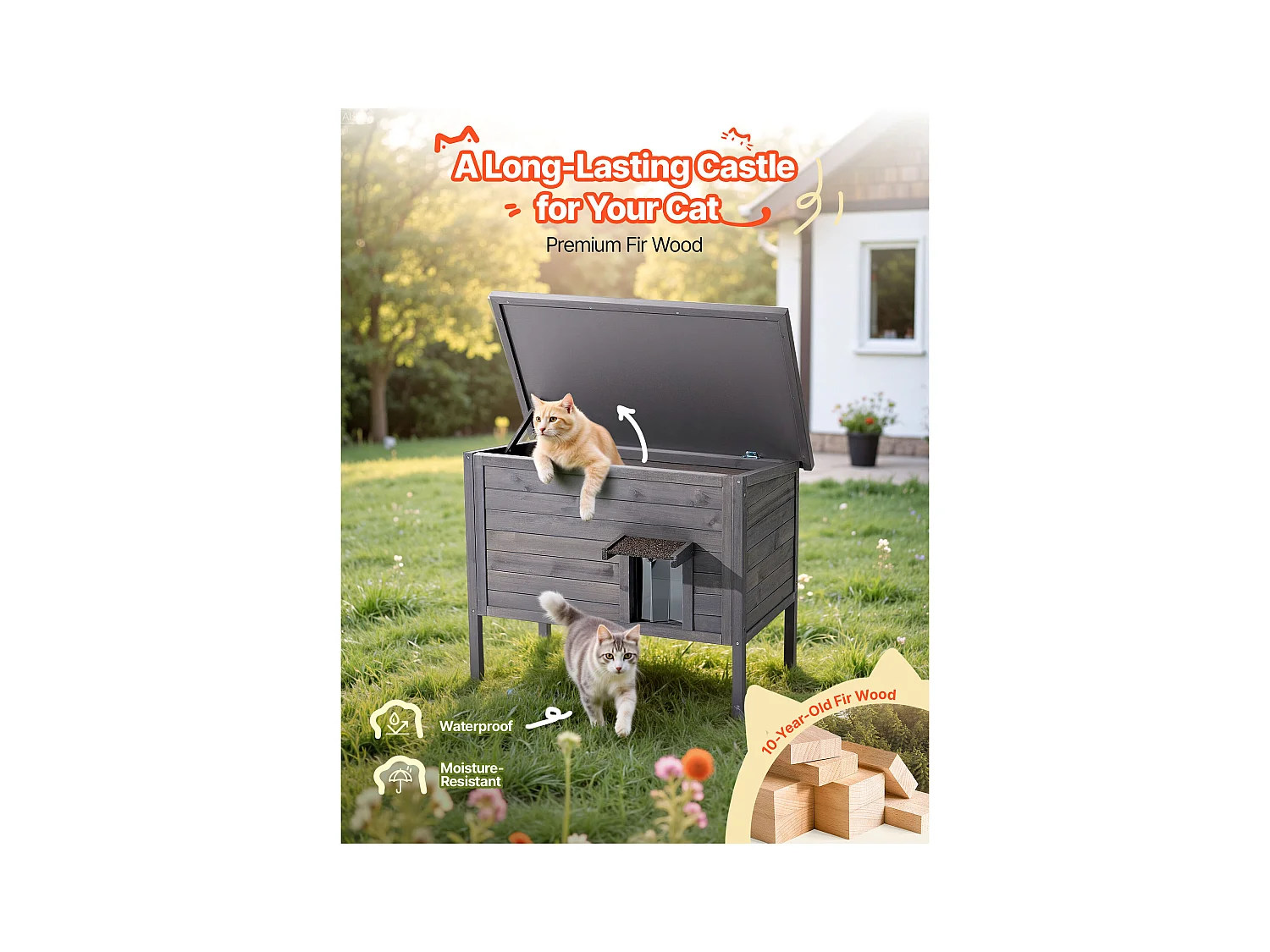 Erhöhtes Beheizbares Katzenhaus SucceBuy, 87x53,5x69 cm, Außen-Katzenhaus mit Heizkissen, Holzunterstand mit Klapptür, Asphaltdach