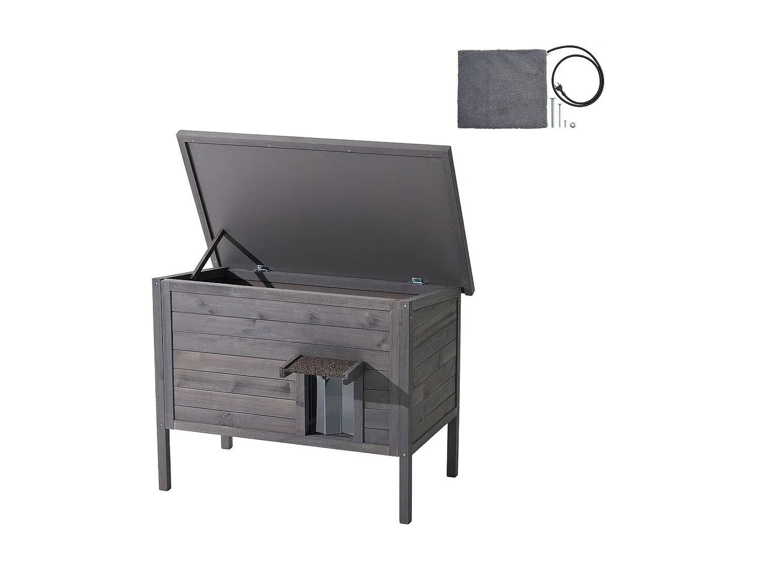 Maison Chat Surélevée Chauffante SucceBuy, 87x53,5x69 cm, Niche Chat Extérieur avec Coussin Chauffant, Abri en Bois avec Porte à Rabat, Toit en Asphalte