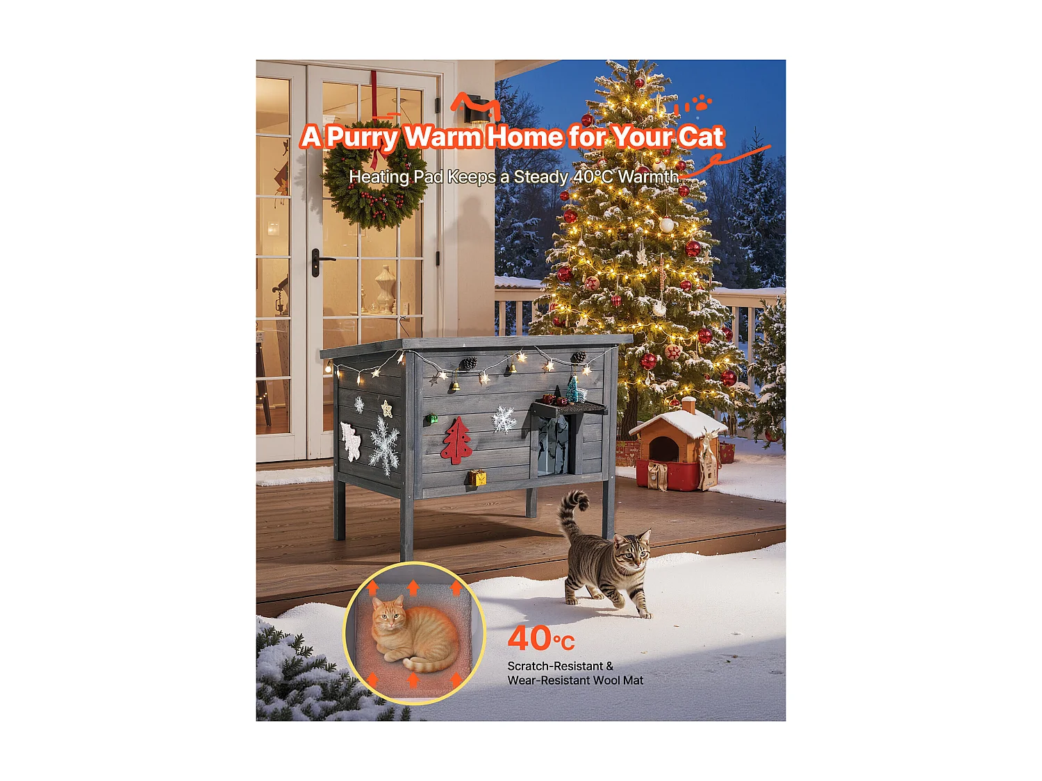 Maison Chat Surélevée Chauffante SucceBuy, 87x53,5x69 cm, Niche Chat Extérieur avec Coussin Chauffant, Abri en Bois avec Porte à Rabat, Toit en Asphalte